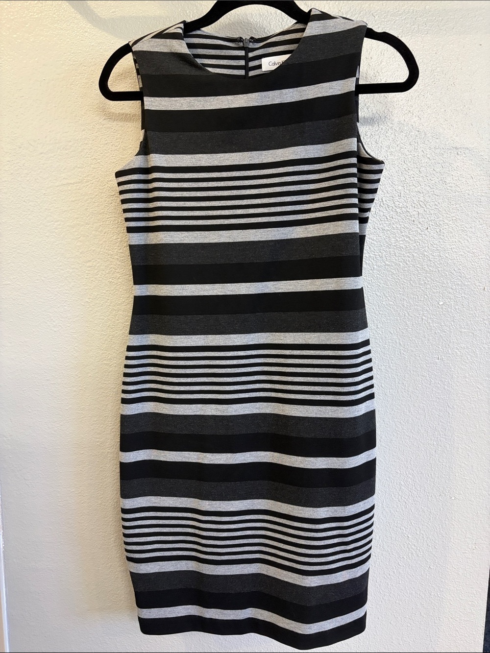 Calvin Klein Black and Gray Striped Sleeveless Sheath Dress